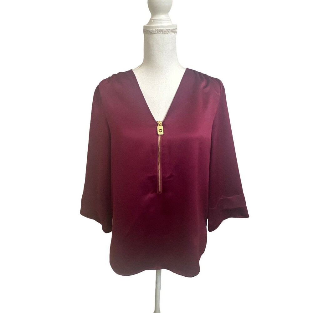 Michael Kors Women's M Maroon 3/4 Sleeve Dressy Satin Topo Shirt Gold Zipper